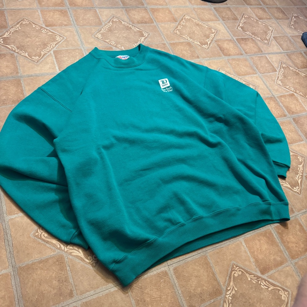 Vintage 90s Hanes Heavyweight TD Bank Crewneck Sweatshirt - Teal XL.